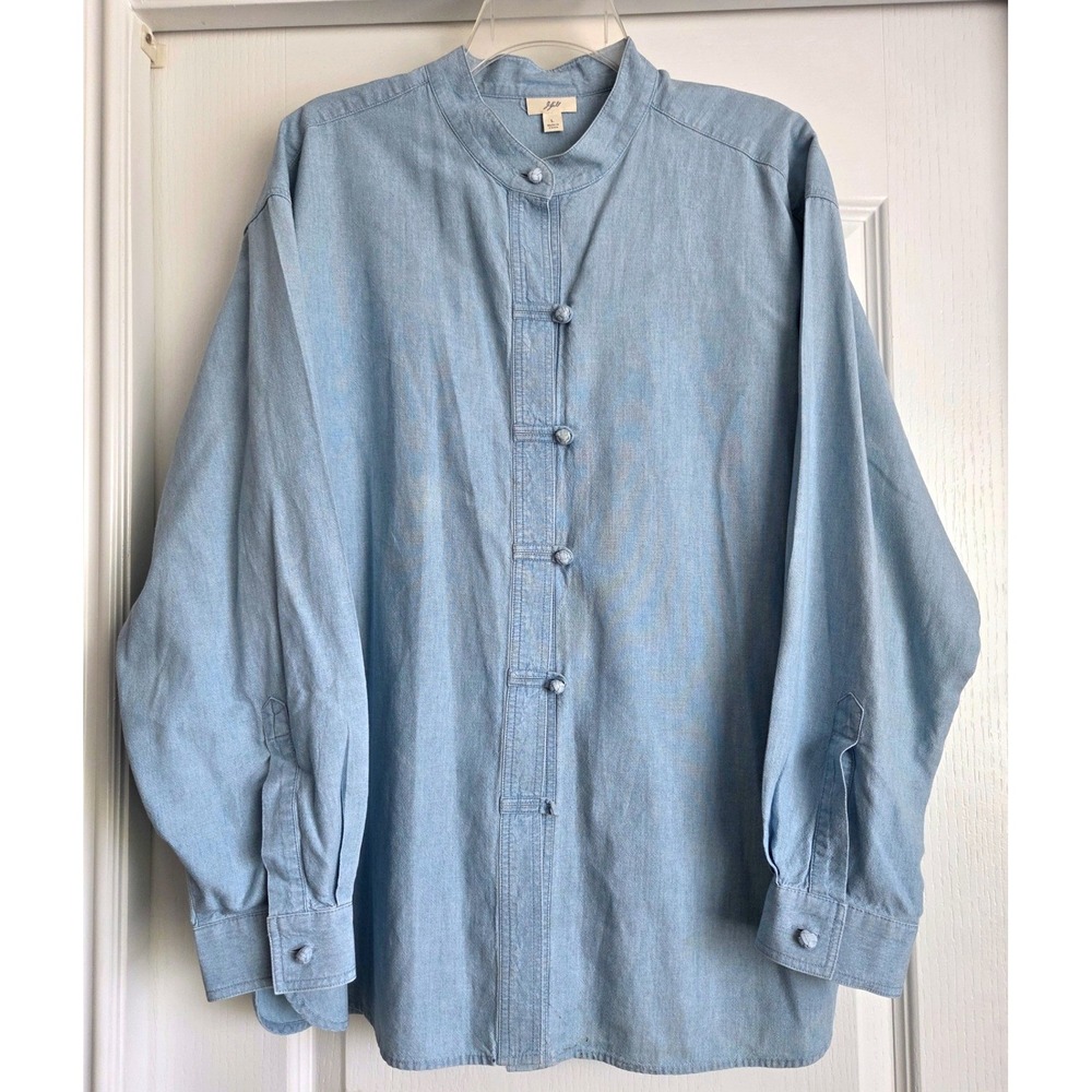 J. Jill Womens Blue Cotton Chambray Frog Button Mandarin Collar Tunic Shirt Sz L - Picture 2 of 7